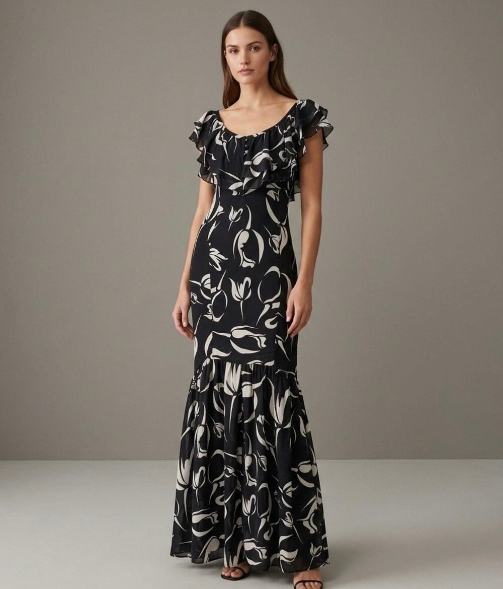 Vtg BEBE 100% Silk Maxi Dress Black Tulip Whimsygoth Ruffle Mermaid Y2K Boho